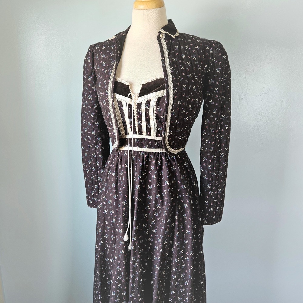 Vintage Gunne Sax Jessica San Francisco Black‎ Floral Maxi Dress Bolero Set 5
